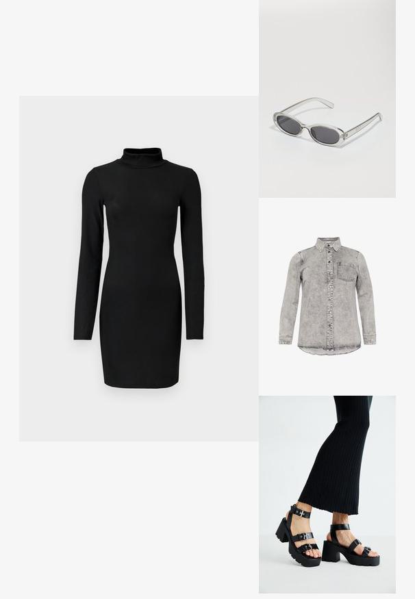 Camisa de mezclilla gris de manga larga, con cuello, cierre de botones en la parte delantera y un bolsillo en el pecho. Textura desgastada y diseño de dobladillo curvado.; Vestido negro de manga larga con cuello alto, silueta ajustada y textura suave. Largo hasta medio muslo y sin patrones o acentos visibles.; Sandalias de plataforma negras con suelas gruesas y dentadas, y múltiples correas, que presentan hebillas de metal y una textura similar al cuero suave.; Gafas de sol con forma ovalada, montura de plástico transparente, lentes gris oscuro y patillas delgadas y transparentes con acentos de logotipo y un diseño minimalista.; Bolso de hombro de cuero negro con forma redondeada, acabado brillante y herrajes plateados. Persona vistiendo pantalones anchos negros y mocasines con tachuelas.