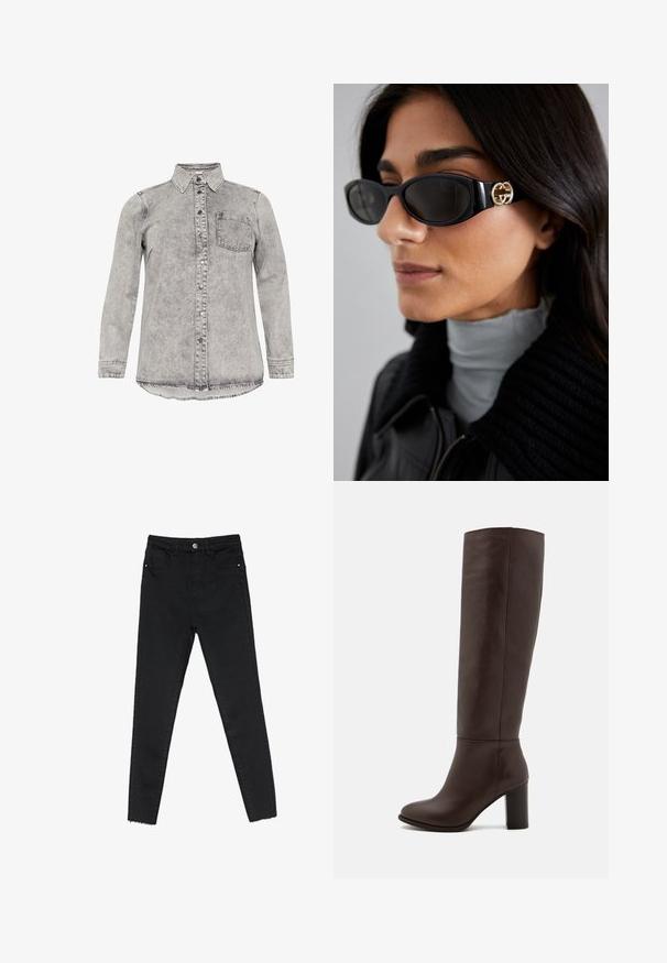 Grey denim shirt with long sleeves, collar, button-front closure, and one chest pocket. Faded texture and a curved hem design.; Light blue long-sleeve shirt with a button-down collar, single chest pocket, and a relaxed fit. Smooth fabric texture and classic design.; Black skinny jeans made of denim, featuring a high waist, five-pocket design, and raw hem at the ankles. Classic button and zipper closure.; Brown leather knee-high boot with a block heel, smooth texture, rounded toe, and minimal stitching details.; Black sunglasses featuring a sleek rectangular frame with a gold logo accent on the side. Dark lenses and glossy finish are prominent.; Brown suede handbag with rounded shape, dual handles, and subtle stitching details. Features a zippered side pocket for added functionality.