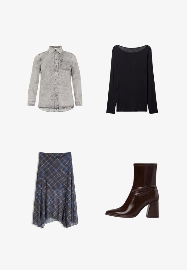 Grau denim Hemd mit langen Ärmeln, Kragen, Knopfleiste und einer Brusttasche. Verblasste Textur und abgerundeter Saumgestaltung.; Schwarz langärmliges Shirt mit weitem Ausschnitt, aus weichem Stoff gefertigt, mit einer taillierten Passform und minimalen Nähten.; Schwarzer Karorock mit blauen und braunen Linien, fließendes Design, knielang, aus leichtem Stoff mit glatter Textur.; Braune Lackleder-Stiefelette mit spitzem Zehenbereich, elastischem Knöchel und blockartigem Absatz. Elegantes Design mit glatter Textur.