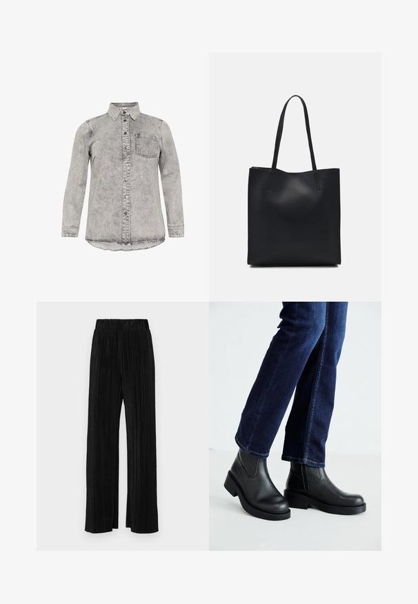 Szürke farmering hosszú ujjakkal, gallérral, gombos elülső záródással és egy mellzsebbel. Melengető hatású textúra és ívelt alj kialakítás.; Fekete, rövidített fazonú póló, puha pamutból készült. Kerek nyakú, rövid ujjú, lazán illeszkedő fazonú, minták vagy díszítések nélkül.; Fekete pliszírozott nadrág gumis derekkal. Széles lábakkal rendelkezik, sima, texturált anyagból készült, függőleges csíkokkal.; Fekete bőr bokacsizma vastag talppal és oldalán elnyújtott elasztikus betétekkel, sötétkék farmerral párosítva. A talaj világos színű.; Fekete bőrtáska sima felszínnel, téglalap alakú, két hosszú füllel. Nincs látható fémkiegészítő vagy díszítés.