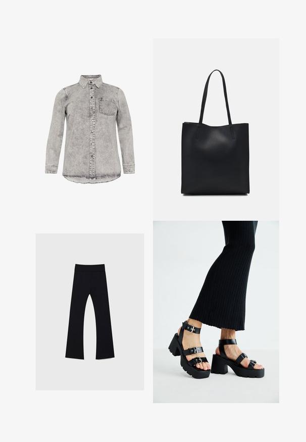 Šedá denimmová košeľa s dlhými rukávmi, golierom, predným zapínaním na gombíky a jednou náprsníkou. Zafarbená textúra a zakrivený lem.; Čierne bavlnené tričko s krátkymi rukávmi, s malým ružovým motýlikom na ľavej hrudi. Design s okrúhlym výstrihom a uvoľneným strihom.; Čierne jogové nohavice s vysokým pásom, vyrobené z elastického materiálu, s rozšíreným strihom nohavíc a hladkou textúrou po celom povrchu.; Čierne platformové sandále s robustnými, zúbkovanými podrážkami a viacerými popruhmi, s kovovými prackami a hladkým textúrou pripomínajúcou kožu.; Čierna kožená taška na rameno s hladkým povrchom, obdĺžnikovým tvarom a dvoma dlhými uchami. Bez viditeľného kovania alebo ozdôb.