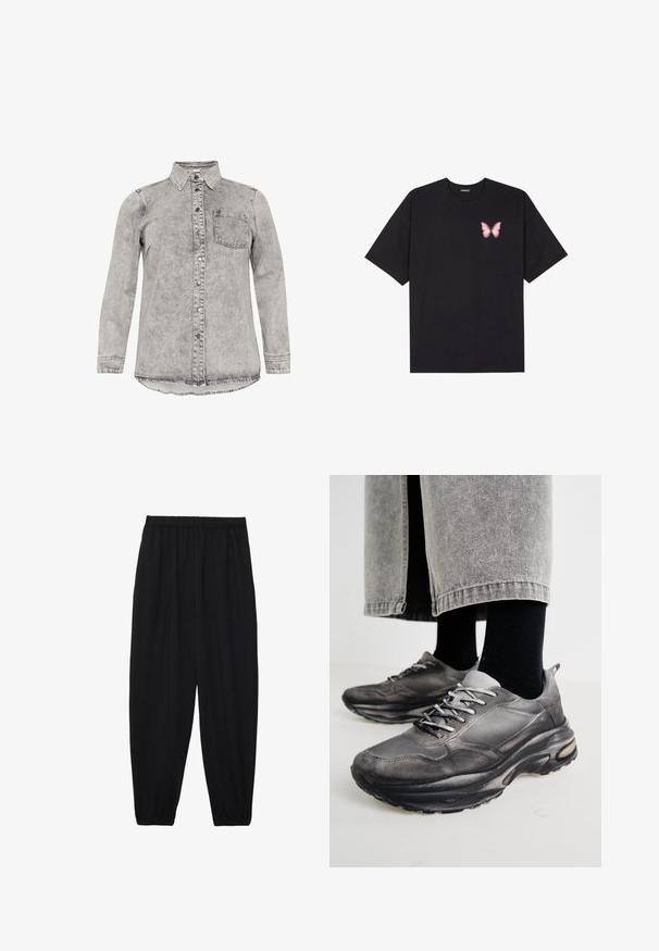 Grau denim Hemd mit langen Ärmeln, Kragen, Knopfleiste und einer Brusttasche. Verblasste Textur und abgerundeter Saumgestaltung.; Schwarzes Baumwoll-T-Shirt mit kurzen Ärmeln, das ein kleines pinkes Schmetterlingsmotiv auf der linken Brust zeigt. Crewneck-Design mit einem entspannten Schnitt.; Schwarze, leichte Hosen mit einem elastischen Bund und gerafften Knöcheln. Der Stoff ist glatt und hat ein entspanntes, schmal zulaufendes Design.; Schwarze und graue Sportschuhe verfügen über ein Obermaterial aus Mesh, dicke Sohlen und Schnürsenkel. Sie haben eine abgerundete Zehenpartie und sichtbare Dämpfungsdetails.