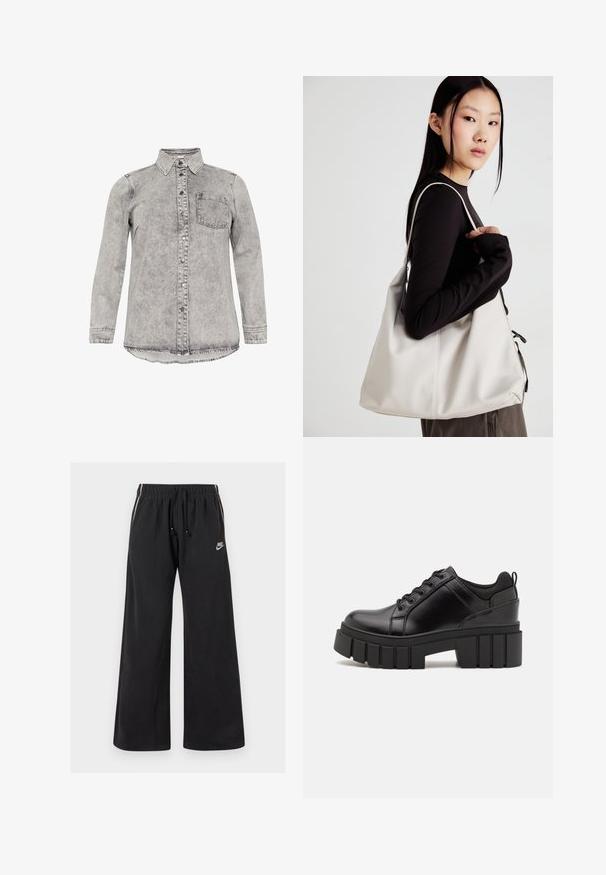 Cămașă din denim gri cu mâneci lungi, guler, închidere cu butoni și un buzunar pe piept. Textură decolorată și design cu tiv rotunjit.; Tricou negru din bumbac cu mâneci scurte, având pe partea stângă a pieptului un mic grafic cu un fluture roz. Design cu guler rotund și croială lejeră.; Pantaloni de trening negri dintr-un material moale, cu o talie elastică și șnur, dungi pe lateral și un mic logo pe partea frontală stângă.; Pantofi cu talpă plată din piele neagră, cu toc gros, vârf rotund și design tradițional cu șireturi. Prezintă o textură netedă și detalii minime.; Geantă bej din material moale, cu un design lejer, detalii cusute și două bretele pentru umăr. Potrivită pentru utilizarea zilnică.