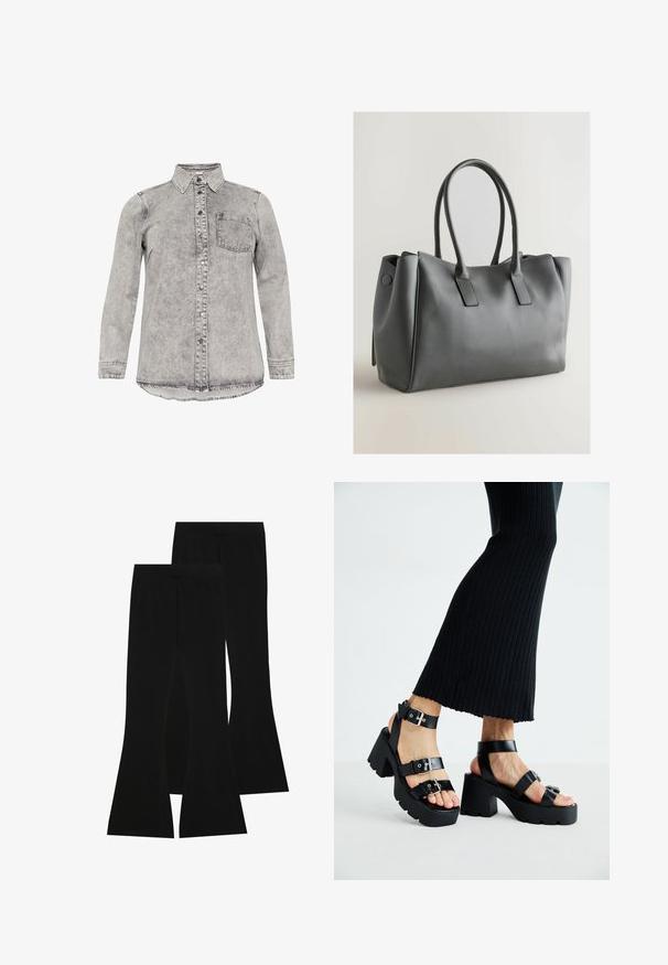 Grijze denim shirt met lange mouwen, kraag, knoopsluiting aan de voorkant en één borstzak. Vervaagde textuur en een gebogen zoomontwerp.; Zwarte top met korte mouwen en rimpel-achtige mouwen, met een brede halslijn en een getailleerde pasvorm. Gemaakt van lichtgewicht, elastische stof.; Zwarte flared broeken gemaakt van rekbare stof, met een hoge tailleband en een gladde textuur, met een aansluitend ontwerp dat vanaf de knie uitloopt.; Zwarte platform sandalen met dikke, grofgevormde zolen en meerdere bandjes, voorzien van metalen gespen en een gladde leerachtige textuur.; Grijze leren handtas met dubbele handvatten, rechthoekige vorm, gladde textuur en minimalistisch ontwerp. Beschikt over platte zijpanelen en subtiele stiksels.