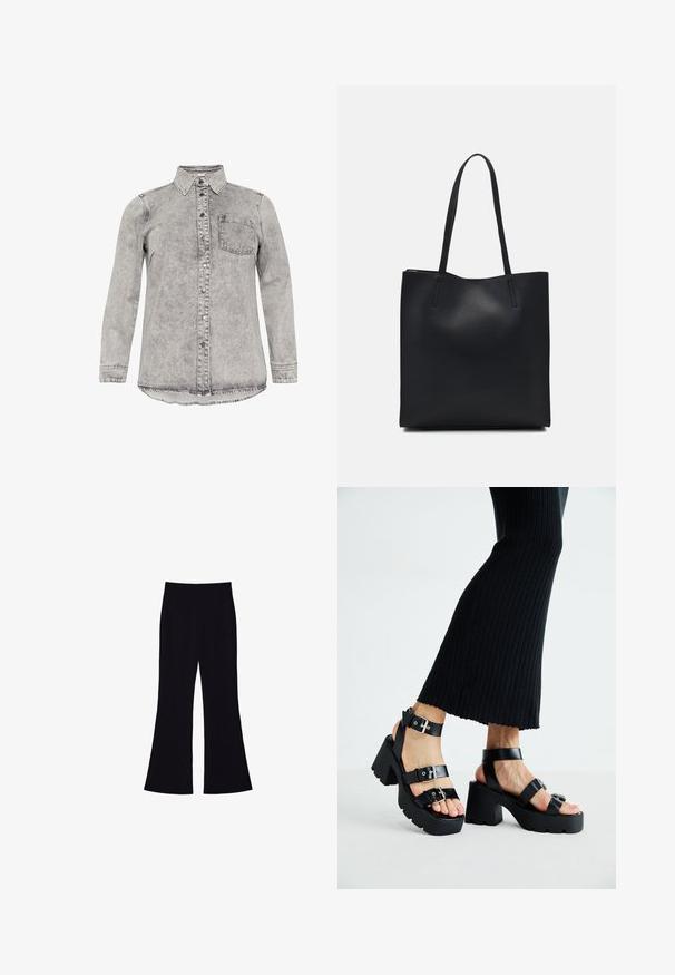 Šedá denimmová košeľa s dlhými rukávmi, golierom, predným zapínaním na gombíky a jednou náprsníkou. Zafarbená textúra a zakrivený lem.; Čierny krátky rukáv crop top vyrobený z mäkkého materiálu, s okrúhlym výstrihom a vo voľnejšom strihu s čistým lemom.; Čierne široké nohavice s vysokým pásom a bez viditeľných vreciek alebo gombíkov, zobrazené na bielom pozadí.; Čierne platformové sandále s robustnými, zúbkovanými podrážkami a viacerými popruhmi, s kovovými prackami a hladkým textúrou pripomínajúcou kožu.; Čierna kožená taška na rameno s hladkým povrchom, obdĺžnikovým tvarom a dvoma dlhými uchami. Bez viditeľného kovania alebo ozdôb.