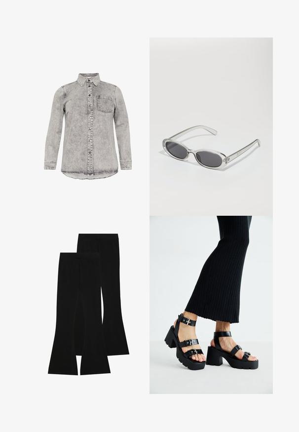 Grijze denim shirt met lange mouwen, kraag, knoopsluiting aan de voorkant en één borstzak. Vervaagde textuur en een gebogen zoomontwerp.; Twee tanktops in zwart en wit, gemaakt van rekbaar materiaal. Beschikt over een ronde halslijn en gelijkmatige stiksels aan de randen. Merlabel zichtbaar.; Zwarte flared broeken gemaakt van rekbare stof, met een hoge tailleband en een gladde textuur, met een aansluitend ontwerp dat vanaf de knie uitloopt.; Zwarte platform sandalen met dikke, grofgevormde zolen en meerdere bandjes, voorzien van metalen gespen en een gladde leerachtige textuur.; Zonnebril met een ovale vorm, helder plastic montuur, donkergrijze glazen en dunne transparante pootjes met logo-accenten en minimale details.; Zwarte leren handtas met een gladde textuur, rechthoekige vorm en twee lange handvaten. Geen zichtbare hardware of versieringen.