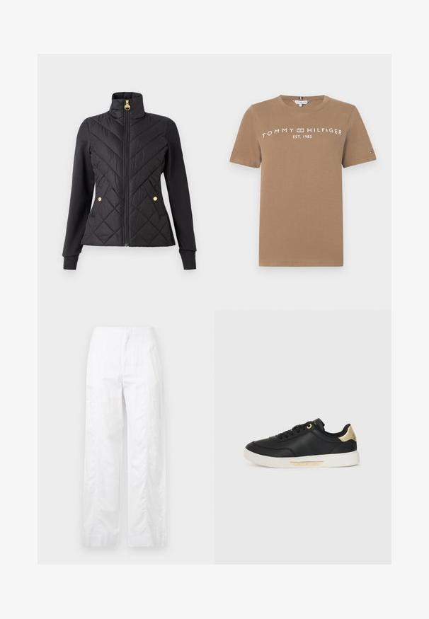 Black quilted jacket with a high collar, golden zipper, and snap-button accents. Features a fitted cut and contrasting smooth sleeves.; Brown cotton t-shirt with short sleeves, featuring a white logo text "TOMMY HILFIGER EST. 1985" across the front and a small logo accent on the sleeve.; White wide-leg trousers made of lightweight fabric, featuring a smooth texture, clean lines, and a high waist design.; Black leather sneaker with a smooth texture, white rubber sole, gold accents on the heel and eyelets, featuring a logo on the side.