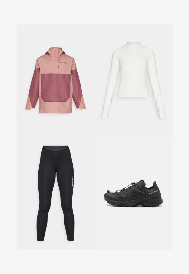 Lätt, tvåfärgad pulloverjacka i rosa och mauve. Har en hög krage, framficka och elastiska muddar för en snug passform.; Vit långärmad atletisk topp med ståkrage och liten centrerad logotyp på bröstet, visad mot en neutral bakgrund.; Svarta sportleggings med en åtsittande design, tillverkade av stretchmaterial. Har sidofickor och vit "TERREX"-logotyp.; Svarta traillöparskor med en texturerad ovandel, meshpaneler och ett säkert fästsystem. Har en robust sula för bra grepp.