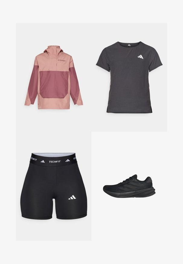 Giacca leggera a pullover bicolore in rosa e malva. Presenta un alto collo, una tasca frontale e polsini elastici per una vestibilità aderente.; T-shirt atletico a maniche corte, grigio scuro con texture perforata. Presenta un logo bianco e strisce laterali a contrasto. Girocollo.; Shorts neri realizzati in tessuto elastico con un design aderente. Presentano una larga fascia in vita nera etichettata "TECHFIT" e un logo bianco sulla gamba.; Scarpe sportive nere con tomaia in rete, forma aerodinamica, suola piatta e tre strisce diagonali sui lati. Design leggero per il massimo comfort.