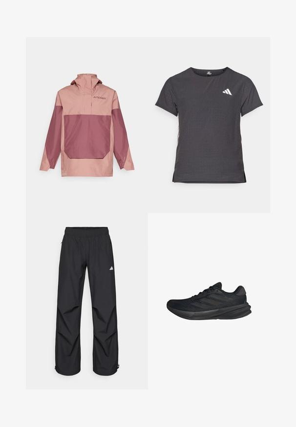 Lekki, dwukolorowy pulower w kolorze różowym i mauve. Posiada wysoki kołnierz, przednią kieszeń oraz elastyczne mankiety, które zapewniają dopasowanie.; Koszulka sportowa z krótkim rękawem, ciemnoszara z perforowaną teksturą. Posiada białe logo oraz kontrastowe paski po bokach. Okrągły dekolt.; Czarne, lekkie, wodoodporne spodnie z elastycznym pasem, bocznymi kieszeniami i regulowanymi mankietami. Posiadają białe logo na lewej udzie.; Czarne buty sportowe z siateczkową cholewką, opływowym kształtem, płaską podeszwą i trzema ukośnymi paskami po bokach. Lekka konstrukcja dla wygody.