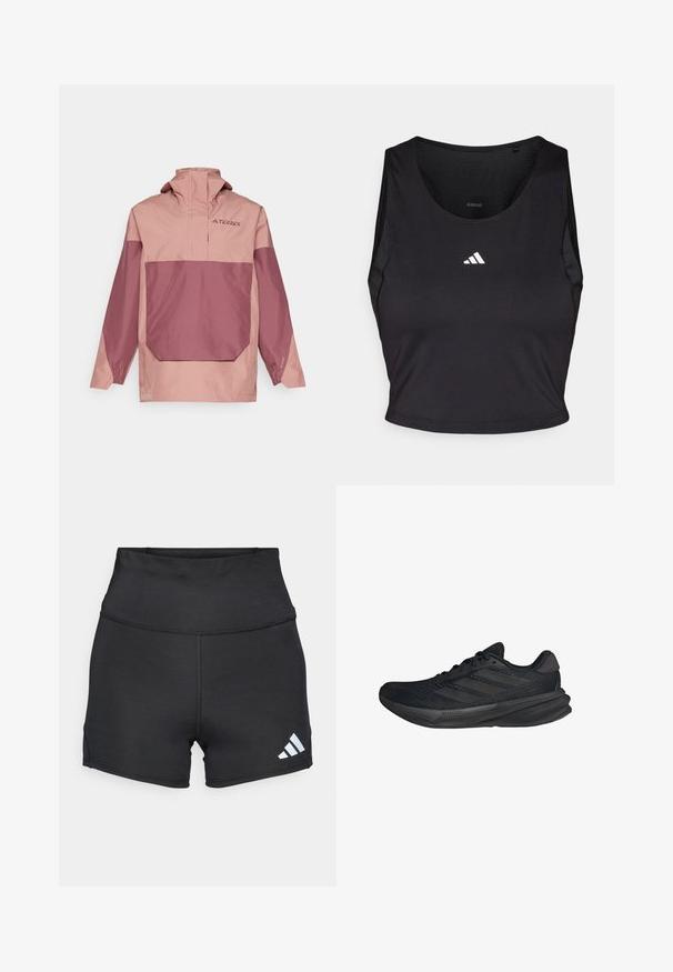 Lette, tofarvet pulloverjakke i pink og mauve. Har høj krave, lomme foran og elastiske manchetter for en tæt pasform.; Sort sports crop top lavet af fugttransporterende stof, med rund hals, ærmeløs design og hvidt logo på brystet.; adidas Performance Tights - black; Sorte sportssko med en mesh-overdel, strømlinet form, flad sål og tre diagonale striber på siden. Letvægtsdesign for komfort.
