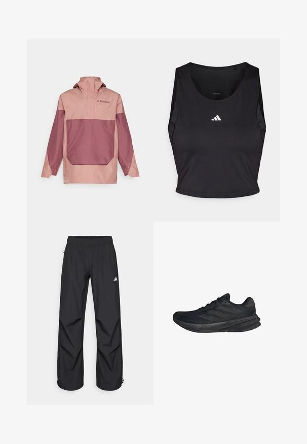 Lightweight, two-tone pullover jacket in pink and mauve. Features a high collar, front pocket, and elastic cuffs for a snug fit.; Black sports crop top made from moisture-wicking fabric, featuring a round neck, sleeveless design, and white logo on the chest.; Black, lightweight, waterproof pants with an elastic waistband, side pockets, and adjustable cuffs. Features a white logo on the left thigh.; Black athletic shoes with a mesh upper, streamlined shape, flat sole, and three diagonal stripes on the side. Lightweight design for comfort.