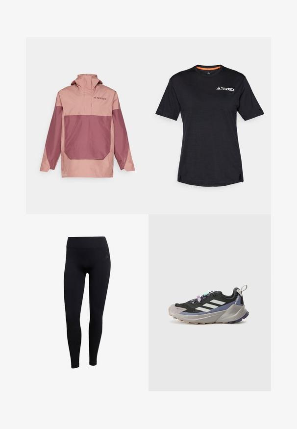 Lagani, dvobojni pulover jakna u ružičastoj i mauve boji. Ima visoki ovratnik, prednju džep i elastične manžete za udoban fit.; Crna majica kratkih rukava s okruglim izrezom, koja ima suptilnu melirani teksturu i bijeli logo "TERREX" na gornjoj lijevoj strani.; Crne sportske tajice od rastezljivog materijala, s visokim strukom, prilagođenim krojem i rebrastim manžetama na gležnjevima. Suptilan logotip brenda.; Crni atletski tenisice s Gore-Tex gornjom, bijelim prugama, ljubičastim akcentima, debelim sivim potplatom i teksturiranim sivim donjim dijelom za bolju prionljivost.