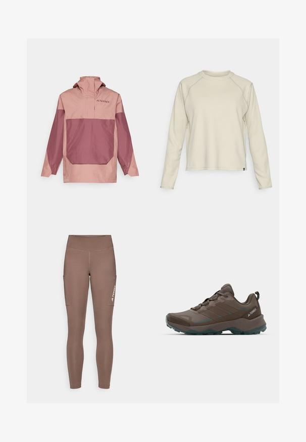 Lightweight, two-tone pullover jacket in pink and mauve. Features a high collar, front pocket, and elastic cuffs for a snug fit.; Light beige long-sleeve top with a textured, ribbed design. Features raglan sleeves and a rounded neckline. Subtle brand logo at the hem.; Brown athletic leggings with a high waistband, featuring side pockets and a white logo. Smooth, stretchy fabric for comfort and mobility.; Gray and teal hiking shoes with mesh panels, textured upper, and rugged rubber outsole. Features padded tongue and lace-up design.