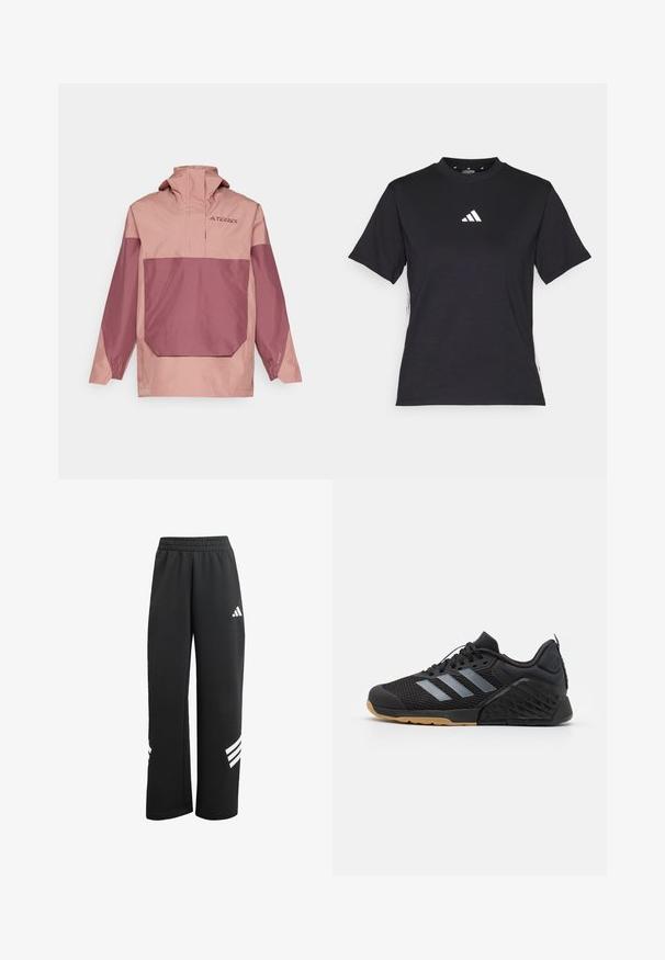 Lett, tofarget genserjakke i rosa og mauve. Har høy krage, frontlomme og elastiske mansjetter for en tettsittende passform.; Svart T-skjorte med korte ermer laget av mykt stoff. Har en hvit Adidas-logo og kontrasterende hvite striper langs sidene.; Svart joggebukse laget av myk stoff, med elastisk midje, vide ben og tre hvite striper nær bunnen.; Svart treningssko med mesh-overdel, grå tre-stripes design, gummisåle og teksturerte detaljer på hælen og siden.