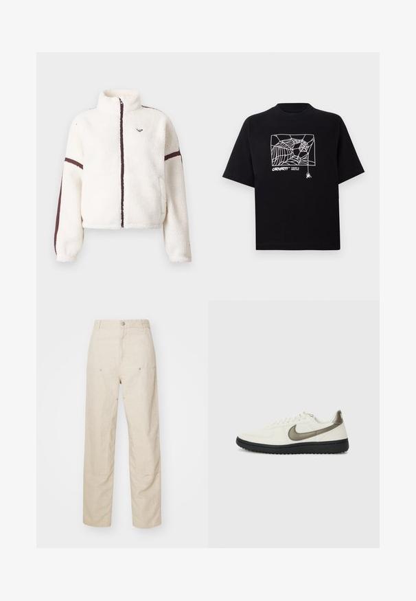 Biela fleecová bunda s plným zipsom vpredu, vysokým golierom a hnedými pruhmi pozdĺž rukávov a zipsu.; Čierne tričko z bavlny s krátkymi rukávmi. Na prednej strane má biely grafický motív pavučiny a logo. Jednoduchý zaoblený výstrih.; Béžové ľanové nohavice s voľným strihom, obsahujúce bočné vrecká a dekoratívne švy, bezšvový pás a priame nohavice.; Nike Sportswear FIELD GENERAL - Tenisky - off-white/black