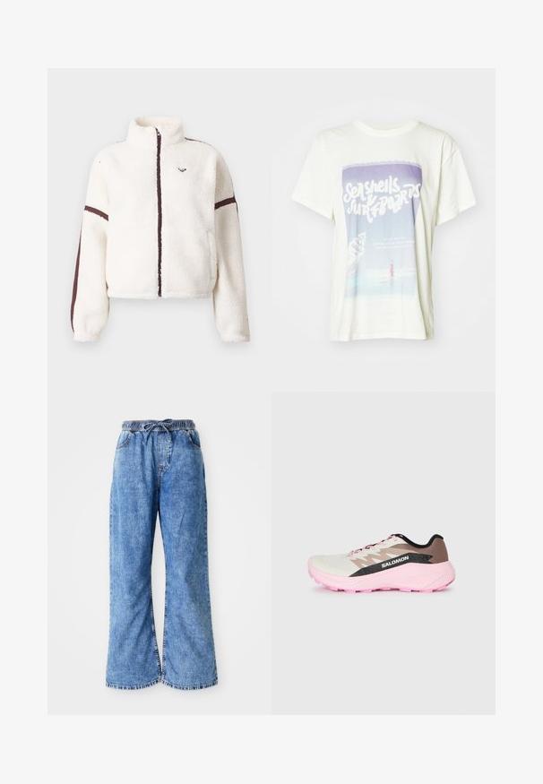 Biela fleecová bunda s plným zipsom vpredu, vysokým golierom a hnedými pruhmi pozdĺž rukávov a zipsu.; Biela bavlnená tričko s grafickou potlačou mušlí a surfistu. Dizajn obsahuje jemné farby s retro textom a plážovou scenériou.; Svetlomodré deninové nohavice s širokými nohavicami, elastickým pásom a sťahovacou šnúrkou. Majú dvojitý steh a surový lem. Žiadne viditeľné vrecká.; Ľahká bežecká obuv v bielej, hnedej a ružovej farbe. Má priedušný zvršok, textúrované šedé akcenty a ružovú gumovú podrážku.