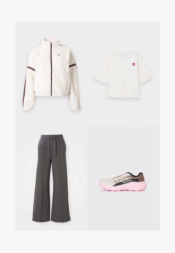 Witte fleecejack met volledige voorrits, hoge kraag en bruine strepen langs de mouwen en de ritssluiting.; Witte T-shirt met korte mouwen, gemaakt van katoen. Heeft een klein rood vierkant logo op de linkerborst. Recht gesneden. Zachte textuur.; Donkergrijze wijde sweatpants met voornaad, elastische tailleband, trekkoorden, zijzakken en ritssluiting aan de onderzijde op een witte achtergrond.; Lichte hardloopschoenen in wit, bruin en roze. Voorzien van een ademende bovenkant, getextureerde grijze accenten en een roze rubberen buitenzool.