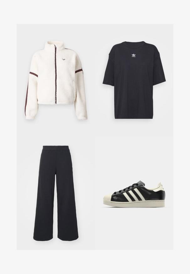 Valge fliisjakker, millel on täispikk tõmblukk, kõrge kaelus ja pruunid triibud varrukate ning tõmbluku ääres.; Must must t-särk lühikeste varrukatega, ümmargune kaelus, rinnal valge Adidas logo. Lihtne disain, mugav lõige.; Mustad laiad spordipüksid, mis on valmistatud pehmest kangast, elastse vöökohtaga ja väikese logoga vasakul küljel.; Must have nahkased mustad tossud valgete triipudega, kummist varbakattega, mustade paeltega ja kreemika värvusega tallaga. Sile tekstuur ja läikiv viimistlus.