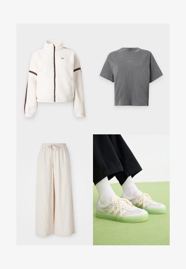 Weißer Fleece-Jacke mit durchgehendem Reißverschluss, hohem Kragen und braunen Streifen entlang der Ärmel und der Reißverschlusslinie.; Graues kurzärmliges Cropped-T-Shirt mit Rundhalsausschnitt und kleinem, zentrierten weißen "Carhartt"-Logo auf der Vorderseite.; Weite, cremefarbene Hosen mit elastischem Bund und Kordelzug. Glattes, leichtes Leinenmaterial, ohne sichtbare Muster oder Beschläge.; Helle Sneakers mit Obermaterial aus Wildleder und Mesh, ausgestattet mit drei seitlichen Streifen, flachen Schnürsenkeln und einer durchsichtigen grünen Gummisohle.