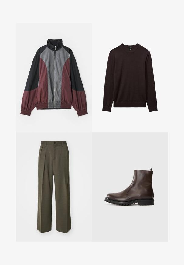 Color-blocked jacket featuring maroon, black, and gray panels. Lightweight fabric, high collar, and elastic cuffs with a full front zipper.; Reiss Jumper - dark bordeaux; Filippa K WIDE TROUSERS - Trousers - driftwood; Brown leather ankle boot with a smooth texture, elastic side panels, pull tab at the back, and a rugged rubber sole.