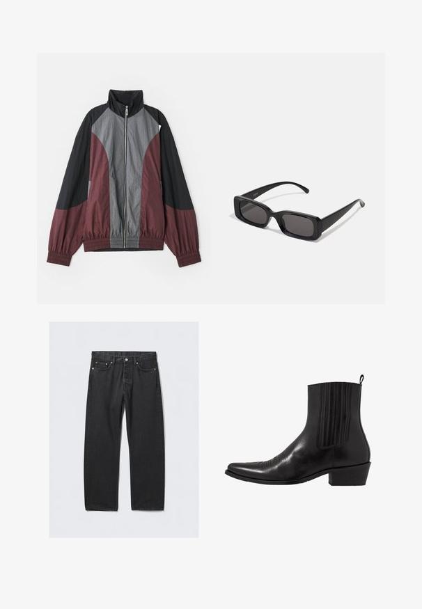 Color-blocked jacket featuring maroon, black, and gray panels. Lightweight fabric, high collar, and elastic cuffs with a full front zipper.; White long-sleeve button-up shirt with a classic collar, smooth fabric, and front placket featuring light, rounded buttons.; Black denim jeans with a straight-leg cut, featuring a button fly, five pockets, and copper-toned hardware accents. Smooth texture.; Black leather ankle boot with a pointed toe, elastic side panels, vertical stitching accents, and a low block heel.; Black rectangular sunglasses with dark lenses, glossy finish, wide arms, and a chunky frame design. Engraved brand name on one arm.