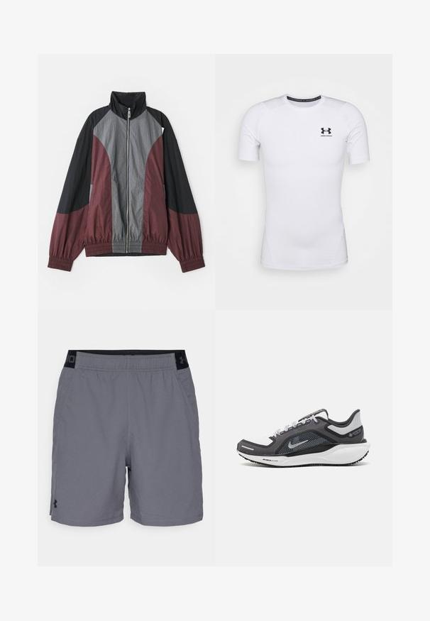 Farbblockierte Jacke mit kastanienroten, schwarzen und grauen Paneelen. Leichter Stoff, hoher Kragen und elastische Bündchen mit einem durchgehenden Reißverschluss vorn.; Weißes kurzärmliges, eng anliegendes Hemd aus dehnbarem Stoff. Mit einem schwarzen Under Armour-Logo auf der Brust und einer glatten, strukturierten Oberfläche.; Graue Sportshorts aus leichtem Material, mit einem elastischen Bund und schwarzen Akzenten sowie seitlichen Taschen. Einfaches Design ohne Muster.; Schwarzer und grauer Sportschuh mit einem Mesh-Obermaterial, reflektierenden Akzenten und einer weißen Zwischensohle. Verfügt über eine strukturierte Gummisohle und Schnürsenkel.