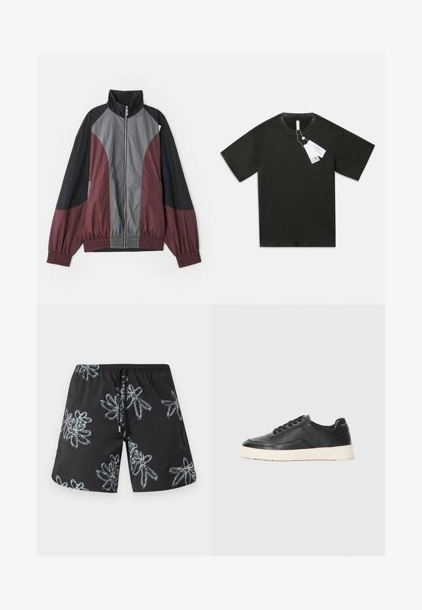 Giacca a blocchi di colore con pannelli bordeaux, neri e grigi. Tessuto leggero, colletto alto e polsini elastici con zip frontale completa.; Maglietta a maniche corte nera in cotone con scollatura rotonda e etichette bianche attaccate al colletto su uno sfondo bianco semplice.; Costumi da bagno neri con un motivo floreale lucido in grigio chiaro. Vita elastica con cordino e dettaglio del logo sul lato destro in basso.; Sneaker in pelle nera con finitura texturizzata, punta rotonda e suola piatta in gomma bianca. Presenta lacci neri e un logo sul tallone.