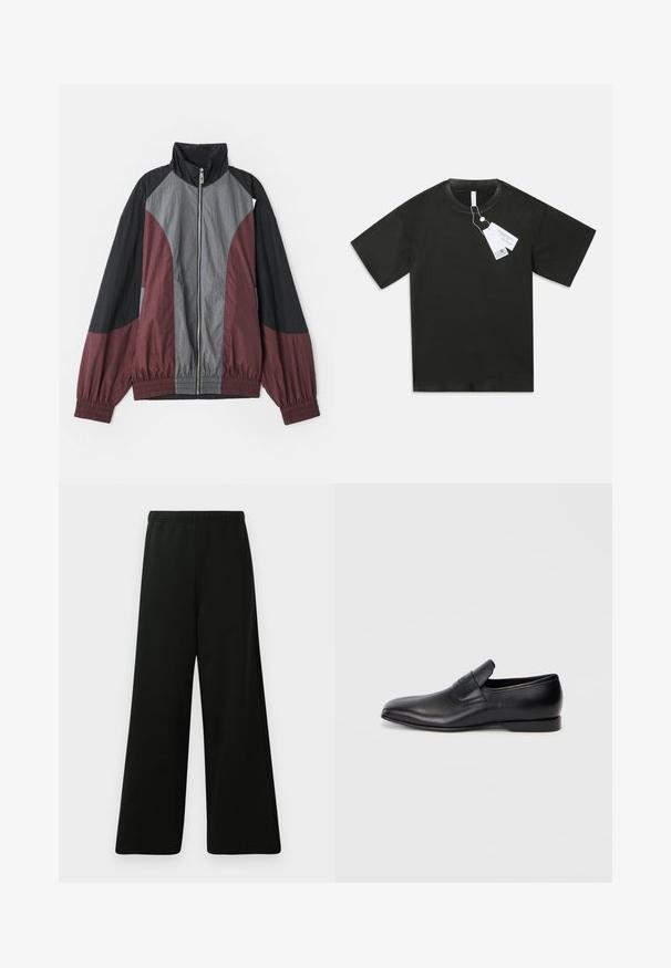 Farvet blokjakke med maroon, sort og grå paneler. Letvægtsstof, høj krave og elastiske manchetter med fuld frontlynlås.; Sort kortærmet bomulds T-shirt med rund hals og påsatte hvide produktmærker, der hænger fra kraven, på en ensfarvet hvid baggrund.; Sorte brede benbukser lavet af blødt stof. Har elastisk talje, glat tekstur og et enkelt, moderne design uden mønstre.; Sorte læder slip-on sko med spids tå, glat overflade og diskret branding på siden. Lav hæl med et rent, minimalistisk design.