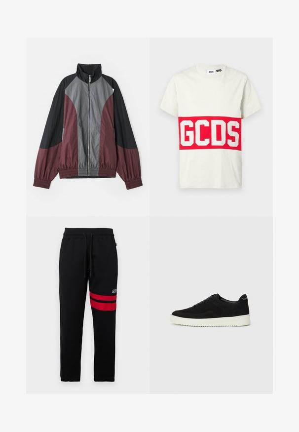 Spalvoto bloko striukė su bordo, juodais ir pilkais segmentais. Lengvas audinys, aukštas apykaklė ir elastinės rankogaliai, visiškai užtraukiama priekyje.; Šviesiai kreminės spalvos medvilnė, trumpomis rankovėmis, apvaliu kaklu. Yra ryškiai raudona juosta su baltais blokiniais rašmenimis "GCSD" per krūtinę.; Juodi sportiniai džinsai su kontrastingomis raudonomis juostelėmis ir logotipu šone. Yra elastinga juosmens juosta su raišteliu ir siaurėjančiais kulkšnų kraštais.; Juodos veliūrinės sportinės bateliai su raištelių dizainu ir kontrastinga balta gumine padais. Yra tekstūruoti šoniniai skydeliai ir subtilus logotipas ant kulno.