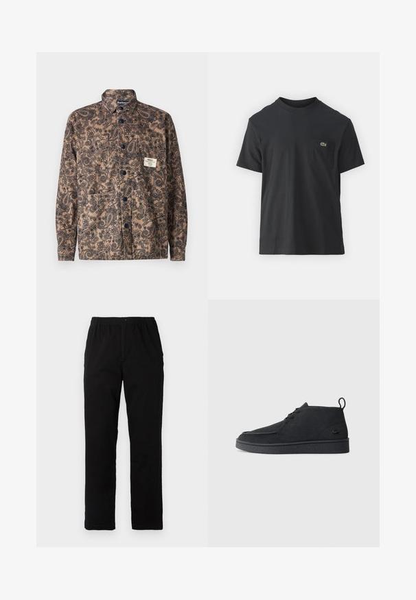 Brown paisley-patterned jacket featuring a pointed collar, button closure, and a chest pocket with a label. Button accents in navy blue.; Black cotton t-shirt with short sleeves, round neckline, and a small green logo on the left chest pocket. Simple design, regular fit.; Black pants made of cotton blend fabric, featuring a straight cut, elastic waistband with button, and no visible patterns or accents.; Black suede lace-up ankle boot with pull tab and textured sole, featuring small embossed crocodile logo on the side.