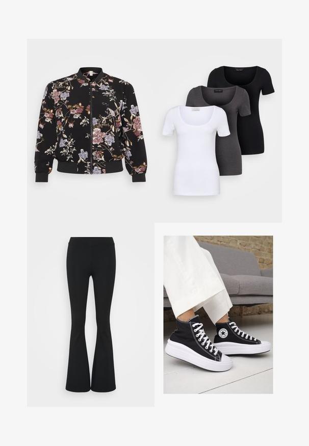 Jaqueta bomber preta com um padrão floral em roxo, rosa e branco. Fecho de correr à frente, punhos e bainha canelados, e mangas ligeiramente bufantes.; Três t-shirts ajustadas em branco, cinza e preto. Cada uma possui um decote amplo e mangas curtas. Feitas de um tecido liso e elástico.; Calças pretas de corte alargado feitas de tecido elástico, com uma cintura alta e uma textura suave. As calças alargam-se a partir do joelho.; Ténis de cano alto em lona preta com solas e atacadores brancos. Apresenta um logo circular na lateral e costura branca em contraste.