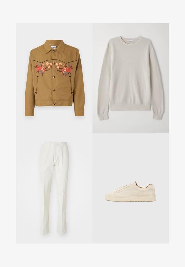 Pruun puuvillane jakk lilleliste broderi tegemisega roosa, punase ja sinise värviga. Omab kraega kaelust, nööpidega esist ja kahte külgetaskut.; Helebeež värvi kootud müts, mis on valmistatud pehmest kudumiskangast. Ümar kaelus, pikad varrukad, soonikud mansettide ja äärega, koos õrnade tekstuuri detailidega.; Valged puuvillased püksid, millel on sirge lõige, lapik eesmine osa ja ilma nähtavate mustrite või detailideta. Sile tekstuur.; Beež sueded spordijalats madala profiiliga, ümmargune varvas, lamedad lipsud ja tekstureeritud kummitald. Minimalistlik stiil ilma nähtavate logodeta.