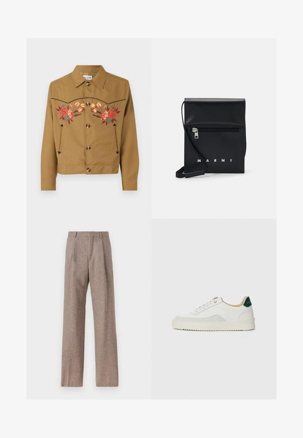 Pruun puuvillane jakk lilleliste broderi tegemisega roosa, punase ja sinise värviga. Omab kraega kaelust, nööpidega esist ja kahte külgetaskut.; Mitmevärviline nööpidega särk, mis sisaldab erinevaid mustreid, sealhulgas lille- ja graafilisi trükiseid, musta kraega ja pikkade varrukatega.; Prunnid, kõrge vöökohaga püksid, mis on valmistatud tekstureeritud kangast. Omavad laiu jalgu ja kahte eesmist voldikut struktuuri jaoks. Korralik viimistlus, ilma nähtava riistvarata.; Valged tennisjalanõud, millel on sametised aktsendid, ümar varvas, lame nöörid ja kreemjas kummine põhja. Hästi nähtav roheline bränding kannal.; Mustmust nahast õlakott, millel on tõmblukk eesmine tasku, embosseeritud logo ja reguleeritav rihm. Sile tekstuur koos struktureeritud kujuga.