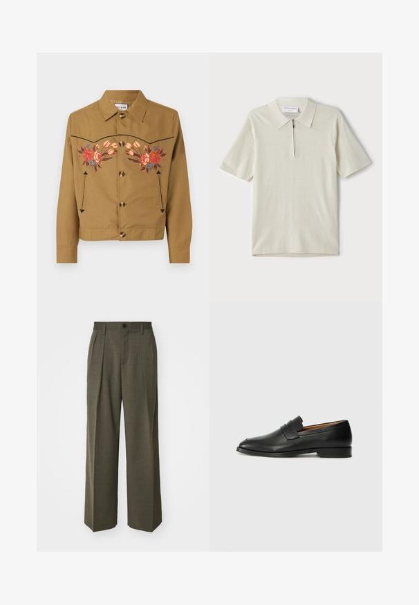 Hnedá bavlnená bunda s kvetinovou výšivkou v ružovej, červenej a modrej farbe. Má golier, zapínanie na gombíky a dve bočné vrecká.; Polo tričko s krátkymi rukávmi v svetlom béžovom odtieni so zipsom pri golieri. Vyrobené z hladkej látky, má jednoduchý, moderný dizajn bez vzorov.; Filippa K WIDE TROUSERS - Nohavice - driftwood; Čierne kožené mokasíny s okrúhlou špičkou, jemným prešitím a nízkym podpätkom, s hladkou textúrou a minimalistickým dizajnom.