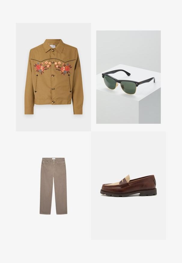 Ruskea puuvillatakki, jossa on kukkakirjontaa vaaleanpunaisella, punaisella ja sinisellä. Takissa on kauluksellinen kaula, nappikiinnitys ja kaksi sivutaskua.; Valkoinen puuvillainen hihaton paita, jossa on pyöreä kaula-aukko, leveät olkaimet ja suora helma. Paidan tekstuuri on sileä, eikä siinä ole näkyviä kuvioita.; Ruske suknje ravnog kroja s pet džepova, metalnim detaljima i glatkom teksturom. Tkanina ima suptilni, ravnomerni uzorak.; Bordeaux nahkahiusut, joissa on harmahtava kangasasennus, tikkausyksityiskohtia ja teksturoitu kumipohja, joka on suunniteltu mukavuutta ja kestävyyttä varten.; Ray-Ban aurinkolasit, joissa on vihreät linssit, mustat muovikehykset ja kultaiset yksityiskohdat reunoilla. Neliön muoto, jossa on mattapinta.