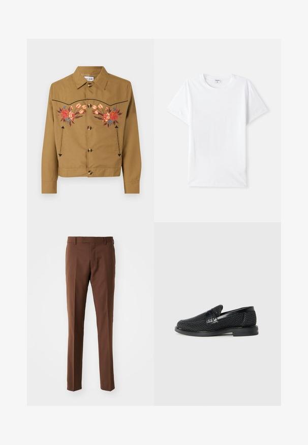 Bruine katoenen jas met bloemendessin in roze, rood en blauw. Heeft een gekraagde hals, een knopenfront en twee zijzakken.; Witte katoenen t-shirt, ronde halslijn, korte mouwen, gladde structuur, geen patronen of accenten, eenvoudig ontwerp, standaard pasvorm.; Bruine, op maat gemaakte broeken met een platte voorkant, recht model, zachte textuur en riemlussen. Geen zichtbare patronen of hardware details.; Zwartegeweven instap schoenen met een glad leren accent aan de bovenkant, een ronde neusontwerp en een laag profiel rubberen zool.
