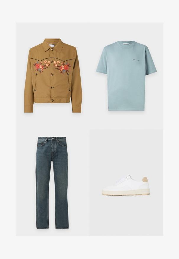 Brūna kokvilnas jaka ar ziedu izšuvumiem rozā, sarkanā un zilā krāsā. Iezīmēta ar apkakli, pogu priekšpusi un divām sānu kabatām.; Gaiši zila kokvilnas T-krekla ar apaļu kaklu, īsām piedurknēm un mazu "TIGER OF SWEDEN" logotipu kreisajā krūtī. Gluda tekstūra.; Tumši zili džinsi ar taisnas kājas dizainu, kas aprīkoti ar piecām kabatām, pogu aizdari un kontrastējošiem dūrieniem.; Baltās zemas kedas ar faktūru ādas virsu, krēmkrāsas rievojamu zoli un brūnu pacēlumu uz papēža. Iekļauj baltas auklas un logo detaļu uz papēža.