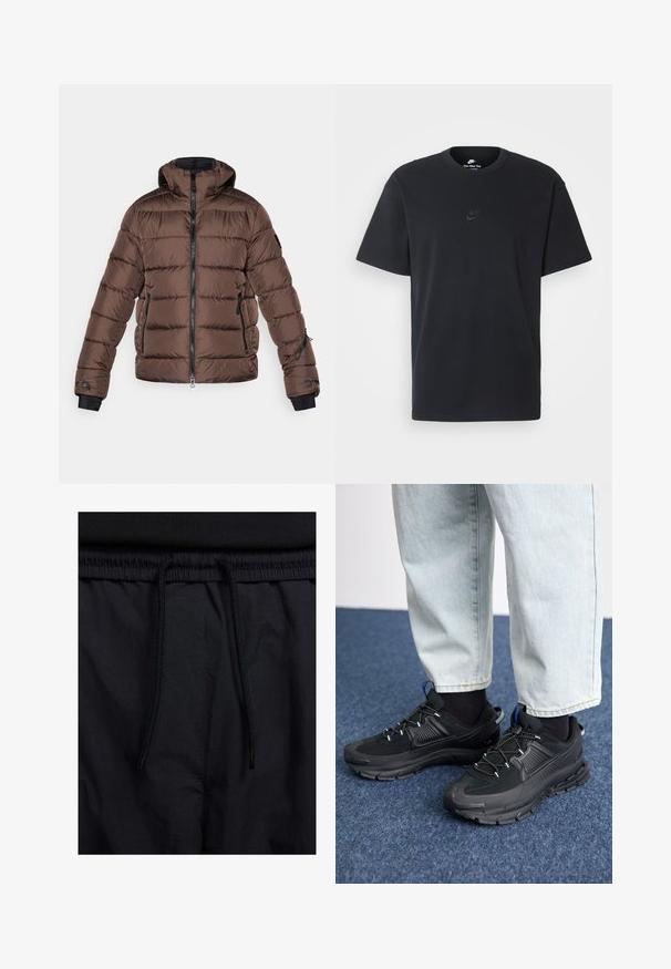 Giacca a vento marrone imbottita con cappuccio, dotata di zip frontale, dettagli neri, tasche laterali e texture trapuntata. Polsini elastici per una vestibilità ottimale.; T-shirt in cotone nero della Nike con collo rotondo classico, maniche corte e un logo in rilievo discreto sul petto. Texture liscia.; Shorts neri con vita regolabile tramite coulisse, tessuto leggero con una texture liscia e un design semplice senza loghi o motivi visibili.; Scarpe sportive nere con tessuto testurizzato e suole in gomma, dotate di lacci elastici e un accento blu sul tallone. Indossate con pantaloni in denim chiaro.