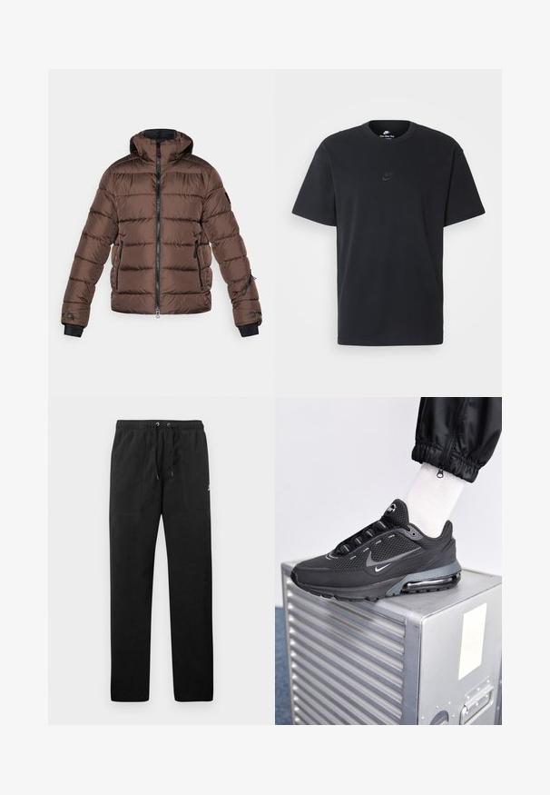 Bruine donsjack met capuchon, met een ritssluiting aan de voorkant, zwarte accenten, zijzakken en een gestikte textuur. Elastische manchetten voor een goede pasvorm.; Zwarte katoenen t-shirt van Nike met een klassieke ronde hals, korte mouwen en een subtiele, reliëflogo op de borst. Gladde textuur.; Zwarte sweatpants van fleece, met een elastische tailleband met trekkoorden, twee voorzakken en een klein logo op de dij.; Nike Sportswear PULSE - Sneakers laag - black/anthracite