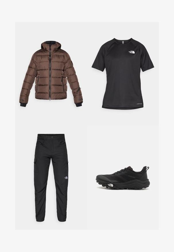 Chaqueta de plumas marrón con capucha, con un frente con cremallera, acentos negros, bolsillos laterales y textura acolchada. Puños elásticos para un mejor ajuste.; Camiseta atlética corta negra de manga corta con una tela texturizada, que presenta un logo blanco en el lado izquierdo del pecho y un dobladillo recto.; The North Face HORIZON PANT - Pantalones montañeros largos - black; Zapatilla de trail running negra con upper texturizado, suela de goma y puntera reforzada. Presenta un collar acolchado y una lengüeta para poner y quitar fácilmente.