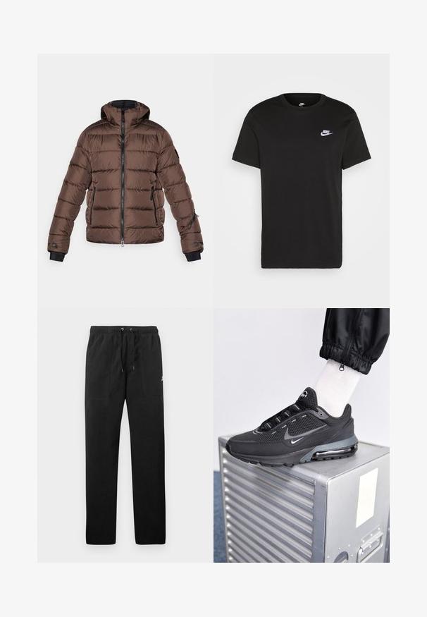 Brązowa puchowa kurtka z kapturem, z zamkiem z przodu, czarnymi akcentami, bocznymi kieszeniami i pikowanym wzorem. Elastyczne mankiety dla lepszego dopasowania.; Czarna bawełniana koszulka z krótkim rękawem, okrągłym dekoltem i małym białym logo Nike na górnej lewej stronie klatki piersiowej. Gładka faktura. Klasyczny krój.; Czarne spodnie dresowe z polaru, z elastycznym paskiem w talii ze sznurkiem, dwiema przednimi kieszeniami oraz małym logo na udzie.; Nike Sportswear PULSE czarny