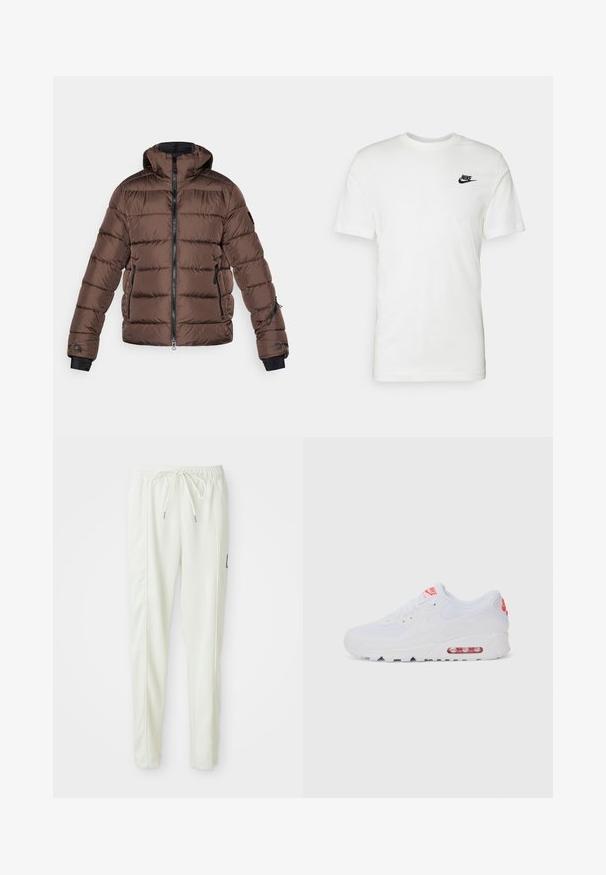 Barna puffdzseki kapucnival, cipzáros elülső résszel, fekete részletekkel, oldalsó zsebekkel és steppelt felülettel. Rugalmas mandzsetták a megfelelés érdekében.; Fehér pamut póló rövid ujjal, kerek nyakkivágással, és egy fekete Nike logóval a bal mellkas területén. Simás textúra és klasszikus fazon.; Fehér, slim fit szabású sportnadrág, elasztikus derékkal és húzózsinórral, oldalsó varrás részletekkel és egy kis fekete folttal a jobb lábon.; Fehér sportcipő, sima felsőrésszel, fűzős zárással, párnázott talppal és látható légpárnával, piros részletekkel a logón.