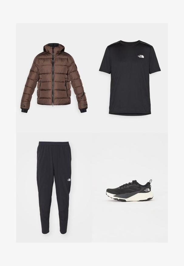 Chaqueta de plumas marrón con capucha, con un frente con cremallera, acentos negros, bolsillos laterales y textura acolchada. Puños elásticos para un mejor ajuste.; Camiseta negra de manga corta hecha de tejido ligero. Presenta un pequeño logo blanco en el lado izquierdo del pecho y sutiles acentos en los hombros.; Pantalones deportivos negros con una cintura elástica, piernas ajustadas y bolsillos laterales. Presenta un logotipo sutil en el muslo. Textura suave.; Zapatilla deportiva negra con parte superior de malla texturizada, acentos en negro sólido y suela ligera blanca. Presenta cierre de cordones y tirador.