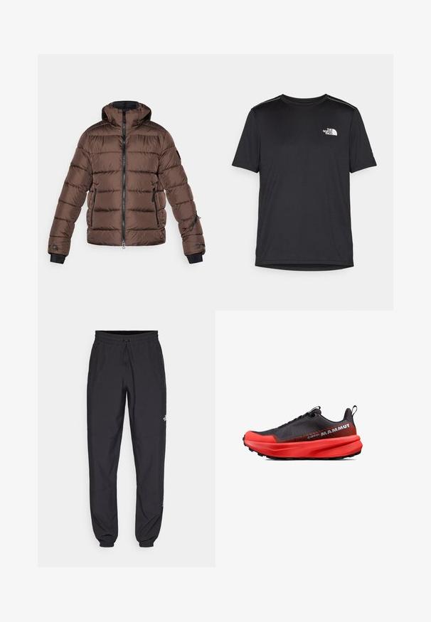 Brun pufjakke med hætte, der har en lynlåsåbning foran, sorte detaljer, sidelommer og quiltet tekstur. Elastiske manchetter for pasform.; Sort t-shirt med korte ærmer lavet af letvægtsstof. Har et lille hvidt logo på venstre bryst og diskrete skuldrelementer.; Sorte atletiske bukser lavet af letvægtsstof, med en snor i taljen, sidelommer og tapered manchetter ved anklerne.; Sorte og røde trail løbesko med en struktureret overdel, polstret sål og en forstærket tå. Har et logo på siden og en pull-tab.