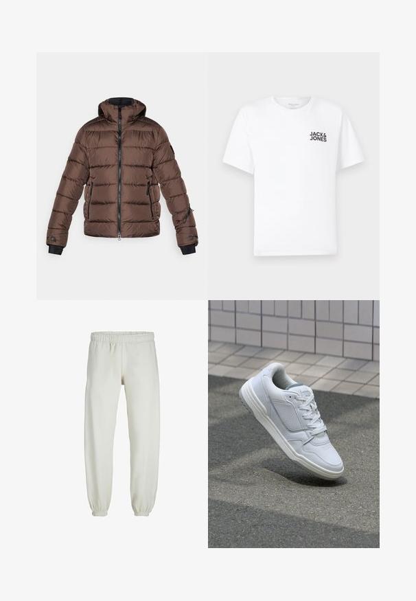 Brūns pūšamais jakas ar kapuci, ar rāvējlēdzēju priekšā, melniem akcentiem, sānu kabatām un izšūtu faktūru. Elastīgas aproces labākai piegulšanai.; Balts kokvilnas t-krekls, īsām piedurknēm, apaļo kakla izgriezumu. Uz kreisās krūts daļas ir melna teksta druka "JACK & JONES". Vienkāršs, bezpušķains dizains.; Baltas treniņbikses, izgatavotas no mīkstas auduma, ar elastīgu jostu un piedurknēm, gluda tekstūra un brīva piegriezuma dizains.; Baltas ādas sporta apavi ar perforētiem sāniem, teksturētām akcentiem, plakanu šņorēšanu un kontrastējošu pelēku papēdi. Iezīmē nedaudz paaugstinātu zole.