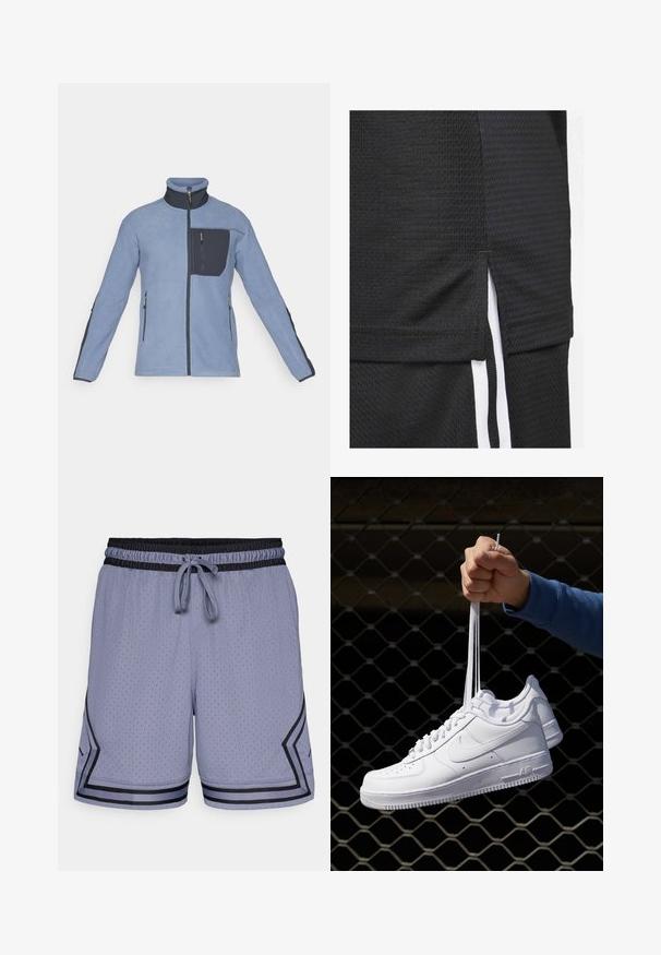 Lys blå fleece-jakke med høy krage, med en mørkeblå brystlomme og sidelukkinger, teksturert stoff og en tettsittende design.; Svart idrettsjersey laget av strukturert stoff, kort hem med sideslisser og hvite aksentstriper langs sidene.; Lys blå treningsshorts med mesh tekstur, elastisk midjebånd, snøring og svarte detaljer langs kanten og siden.; Hvite skinnsneakers med perforeringer, rund tå, flat såle og tykke lisser, med en synlig swoosh-logo og "AIR" på hælen.