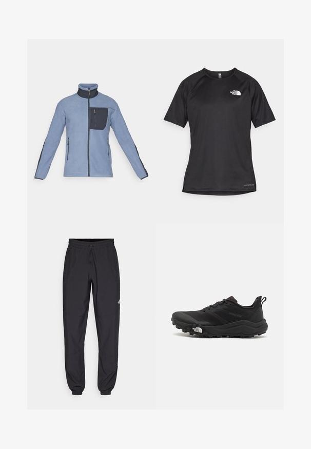 Lys blå fleece-jakke med høy krage, med en mørkeblå brystlomme og sidelukkinger, teksturert stoff og en tettsittende design.; Svart kortermet treningstrøye med strukturert stoff, med en hvit logo på venstre bryst og rett kant.; Sorte idrettsbukser laget av lett stoff, med snor i livet, sidelommer og smale mansjetter ved anklene.; Svart terrengløpesko med teksturert overdel, gummisåle og forsterket tåhette. Har polstret krage og løftestropp for enkel påkledning.