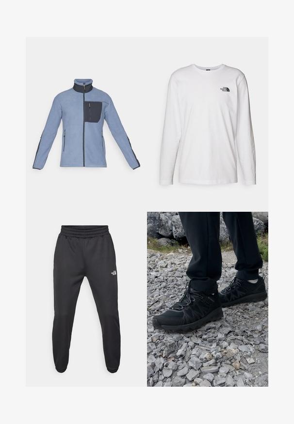 Chaqueta de forro polar de color azul claro con un cuello alto, que cuenta con un bolsillo en el pecho de color azul oscuro y cremalleras laterales, un tejido texturizado y un diseño ajustado.; Camiseta de manga larga blanca de algodón con cuello redondo. Presenta un pequeño logotipo negro en el pecho. Textura suave, corte regular.; Pantalones deportivos negros con cintura ajustable mediante cordón, corte tapered, puños elásticos y un pequeño logo blanco en el muslo izquierdo, fabricados en tejido suave.; Zapatos exteriores negros con malla y material sintético, que presentan un upper texturizado, un sistema de cordones seguro y una suela robusta, sobre terreno rocoso.