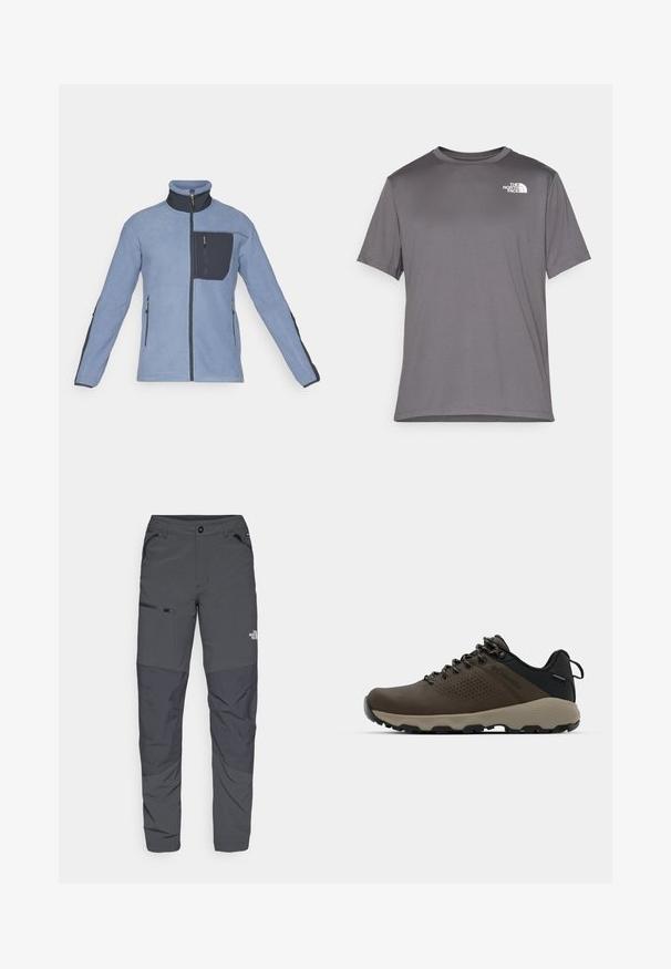 Svetlomodrá fleecová bunda s vysokým golierom, ktorá má tmavomodrú vrecko na hrudi a bočné zipsy, štruktúrovanú tkaninu a priliehavý strih.; Sivý športový tričko s krátkym rukávom vyrobené z hladkej, ľahkej tkaniny. Na ľavej časti hrude má biele logo. Dizajn s okrúhlym výstrihom.; Sivé vonkajšie nohavice s hladkou textúrou, s bočným vreckom na zips, zosilnenými kolenami a diskrétnym logom.; Hnedé vodoodolné tenisky s textúrovaným zvrškom, perforovanými detailmi, čiernou oporou päty a šedou gumovou podrážkou. Šnúrky sú ozdobené kovovými koncami.